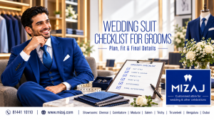 Wedding suits for men in Chennai – groom in a tailored wedding suit by Mizaj