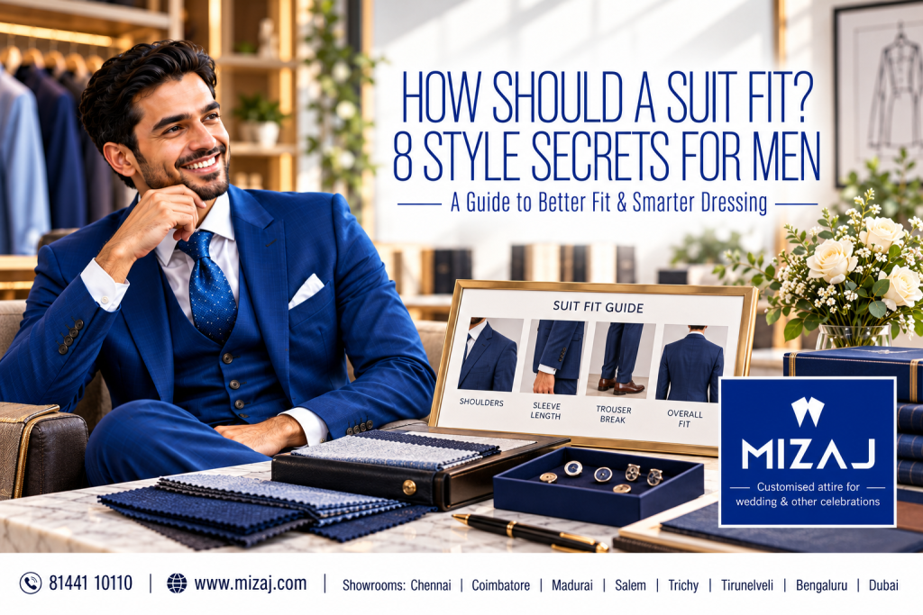 Man in a navy suit beside a fabric display for Mizaj’s guide to how a suit should fit