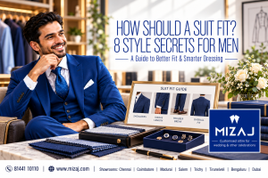 Man in a navy suit beside a fabric display for Mizaj’s guide to how a suit should fit