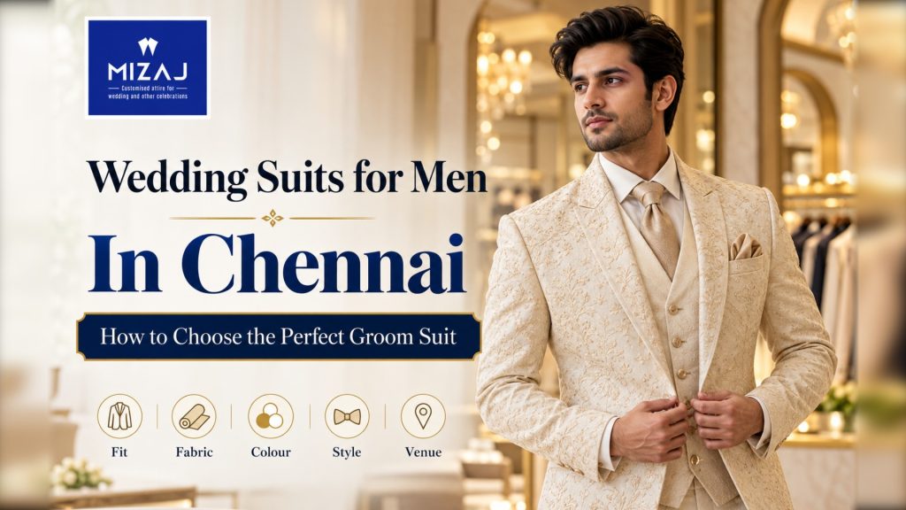 Wedding suits for men in Chennai – groom in a tailored wedding suit by Mizaj