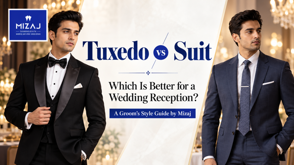 Tuxedo vs Suit: Which Is Better for a Wedding Reception? 1 Tuxedo vs suit comparison – groom in a black tuxedo beside a groom in a navy suit for a wedding reception