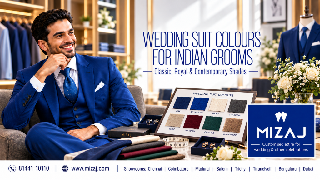 Groom in a navy suit beside fabric swatches showing wedding suit colours for Indian grooms at Mizaj